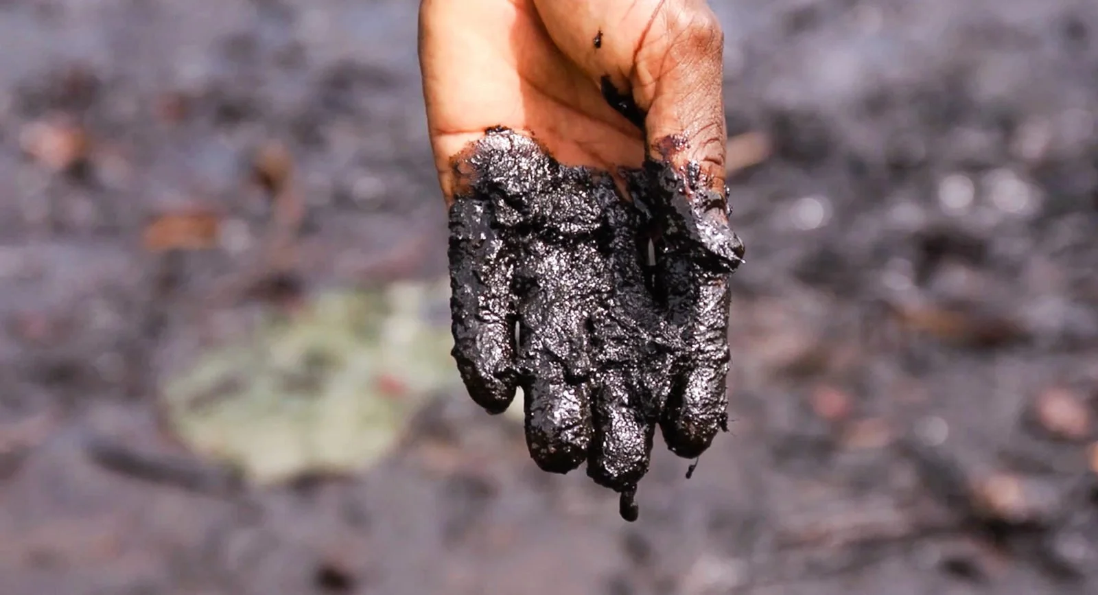 Pastor Christian Lekoya Kpandei's hand covered in oily mud, Bodo Creek, Nigeria, 2011