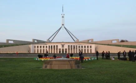 A display of hands planted in the lawns in front of Parliament House in protest of Aboriginal deaths in custody