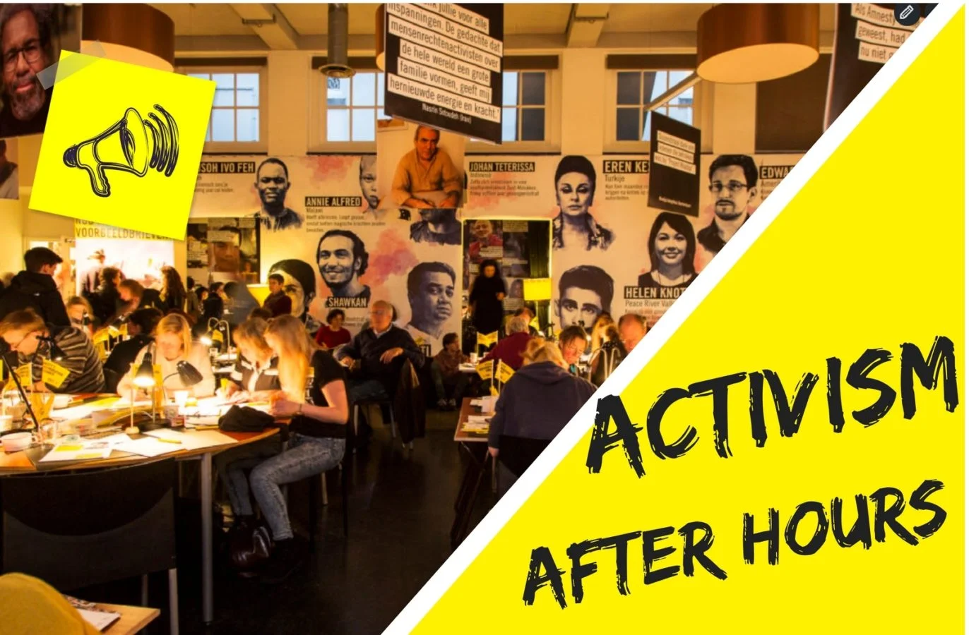 Group of people sitting around tables for activism after hours