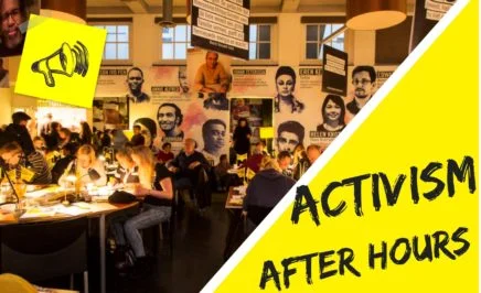 Group of people sitting around tables for activism after hours