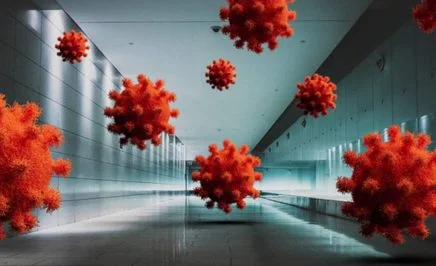 Red microbes are displayed enlarged in a hallway.