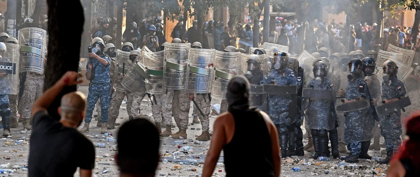 Scene of protesters and riot police in Beirut, Lebanon