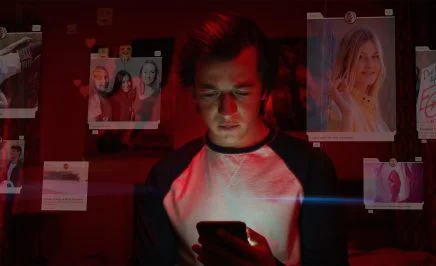 A young boy reads his phone in his room