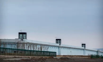 A guard stands in a tower on the perimeter of the Number 3 Detention Center in Dabancheng in Xinjiang Uyghur Autonomous Region on April 23, 2021.