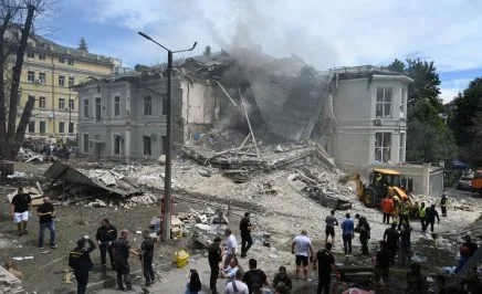 Ukrainian rescuers of emergency services and police officers are working at the site of Okhmatdyt children's hospital damaged by Russian missiles in Kyiv, Ukraine, on July 8, 2024, amid Russia's invasion of Ukraine. At least 27 people are being reported killed and more than 100 injured in a massive Russian missile strike attack on Kyiv this morning, according to local media. (Photo by STR/NurPhoto via Getty Images)